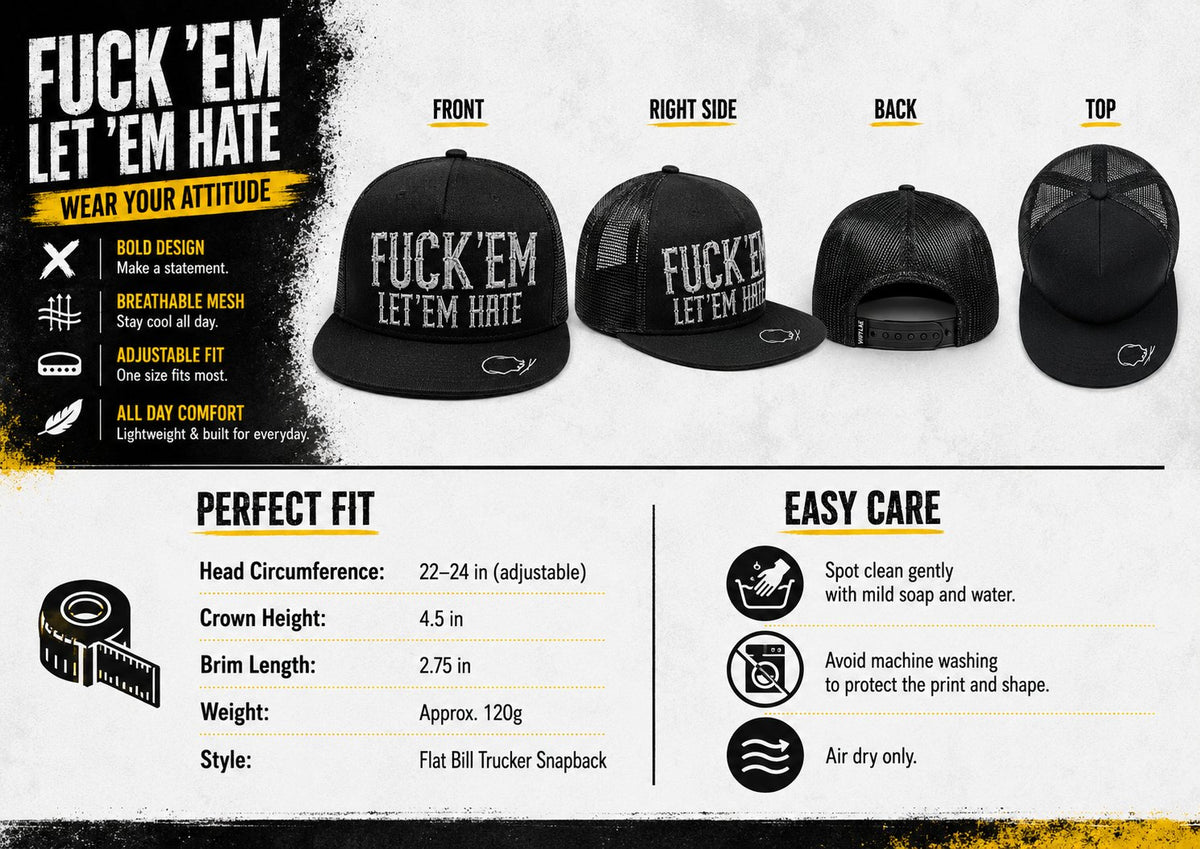 😂🛠️"FUCK EM" LET ’EM HATE Black Snapback Hat – Bold Side Print Mesh Trucker Cap, Flat Bill Streetwear Hat for Men & Women🧢