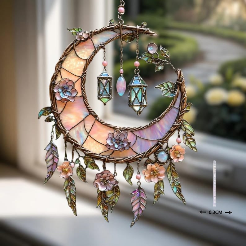🌙Hand-Painted Moon and Floral Window Decor💖--2D Acrylic