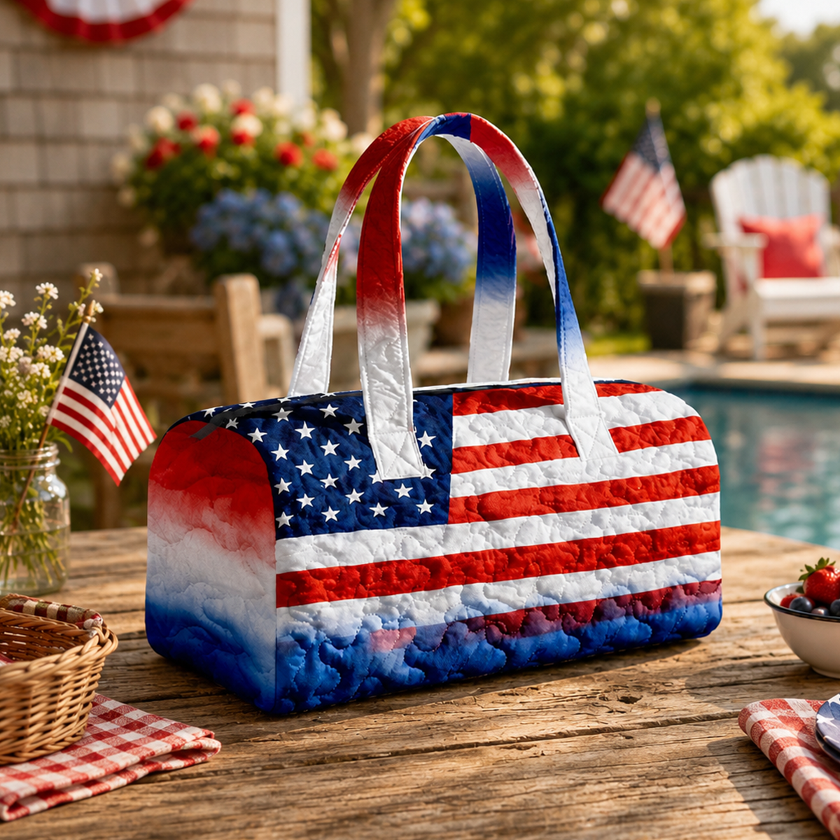 🔥 🇺🇸🧵 Handcrafted Patriotic Quilted Tote Bag – 3D Floral American Flag Travel Duffel