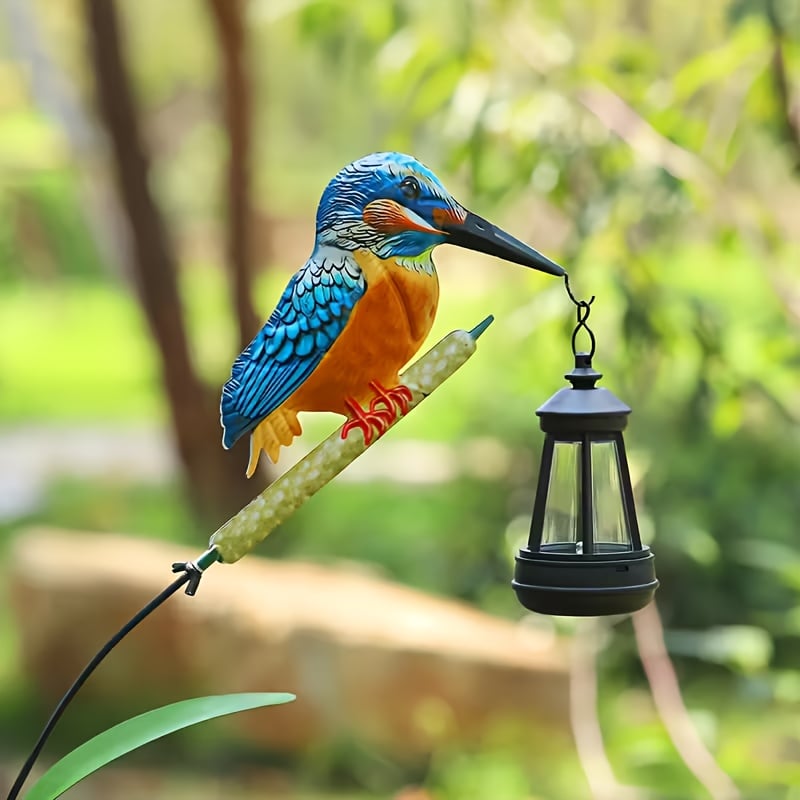 Solar Kingfisher Swaying Reed Garden Stake Light with Hanging Lantern