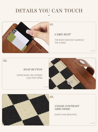 🖤 Checkered Bifold Wallet for Women – Compact PU Leather Card Holder with ID Window & Zipper Coin Pocket ✨👛