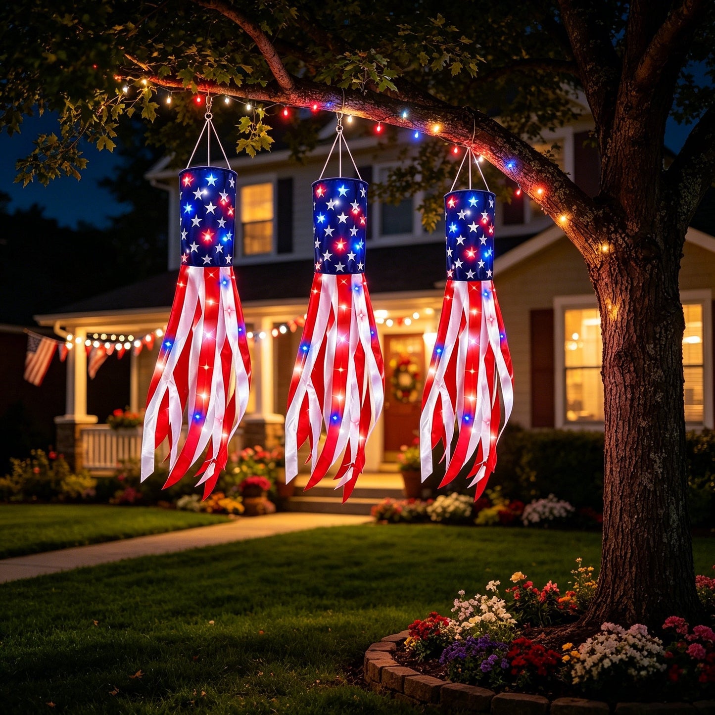 🔥(3 Packs!!!)50 Inch Large American Flag Windsocks with Red White Blue Lights