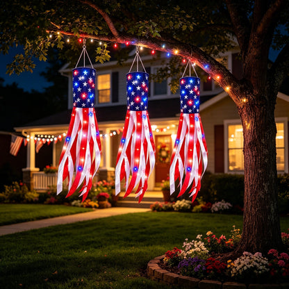 🔥(3 Packs!!!)50 Inch Large American Flag Windsocks with Red White Blue Lights