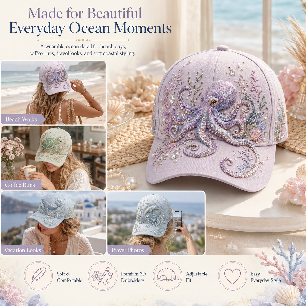 🌊 Ocean Sea Creature Pattern Cap | Pearl & Crystal Accent Adjustable Hat for Beach, Travel & Everyday Wear