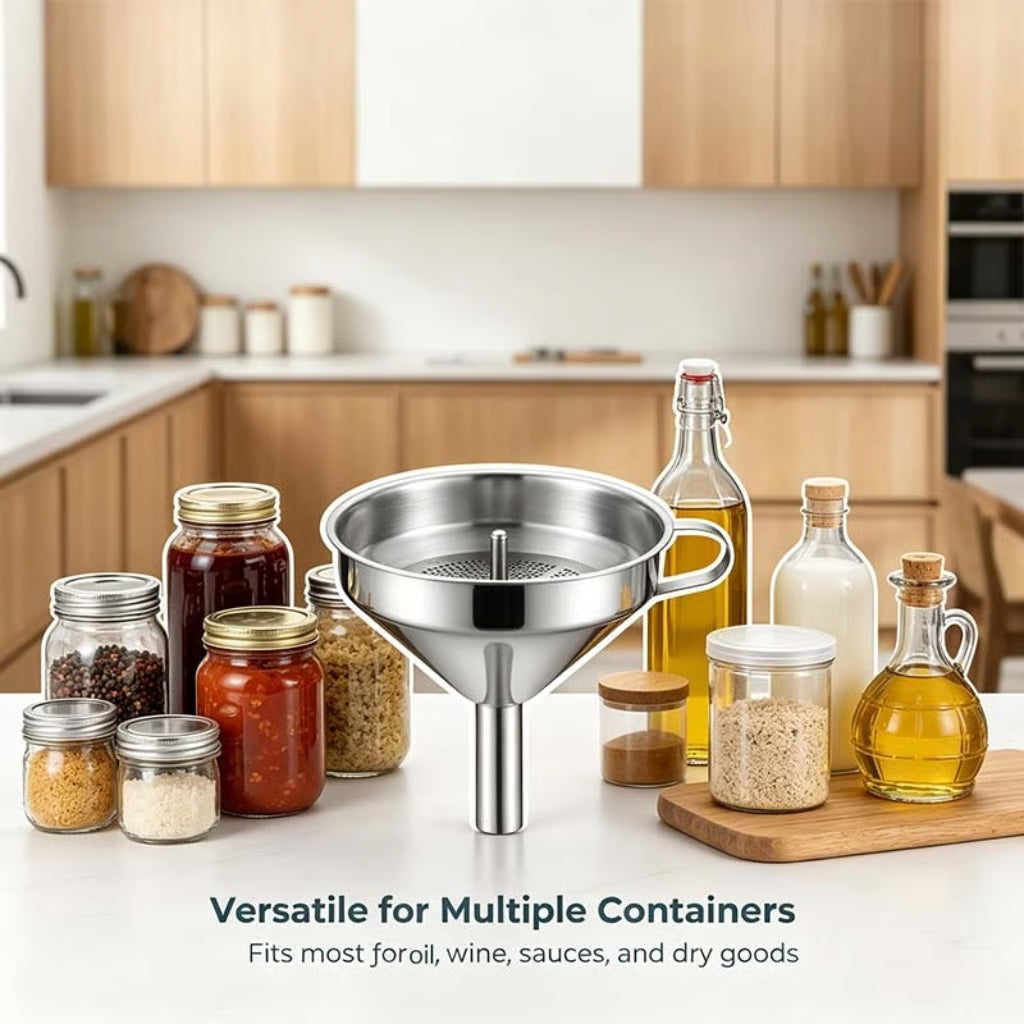 🔥Hot Sale 304 Stainless Steel Funnel with Filter Mesh – Kitchen Food Grade Metal Funnel for Oil, Alcohol, Jam & Spice Filling 🥄