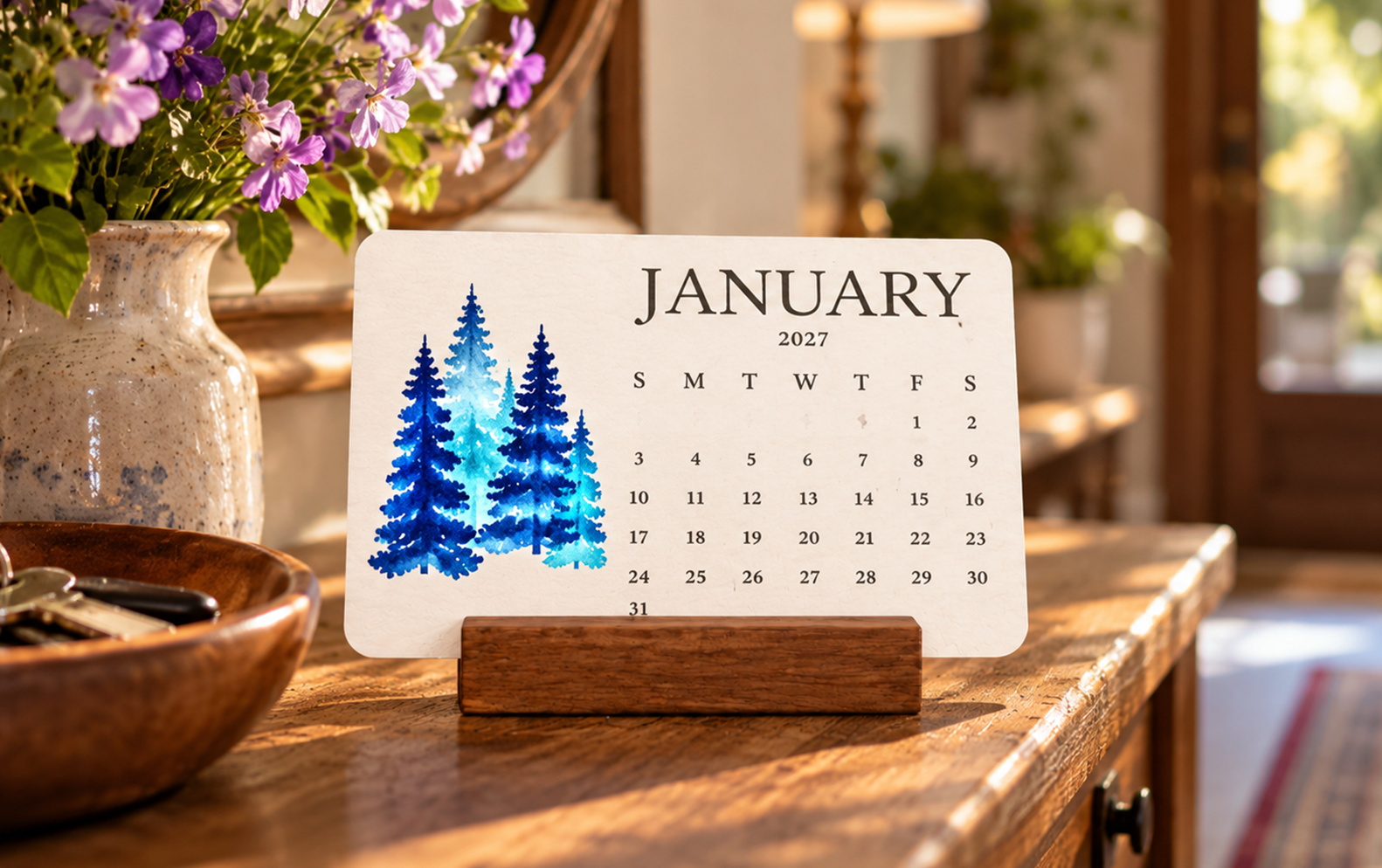 January 2027 botanical seed calendar display