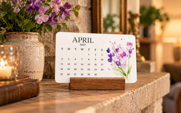 April 2027 botanical calendar on mantel