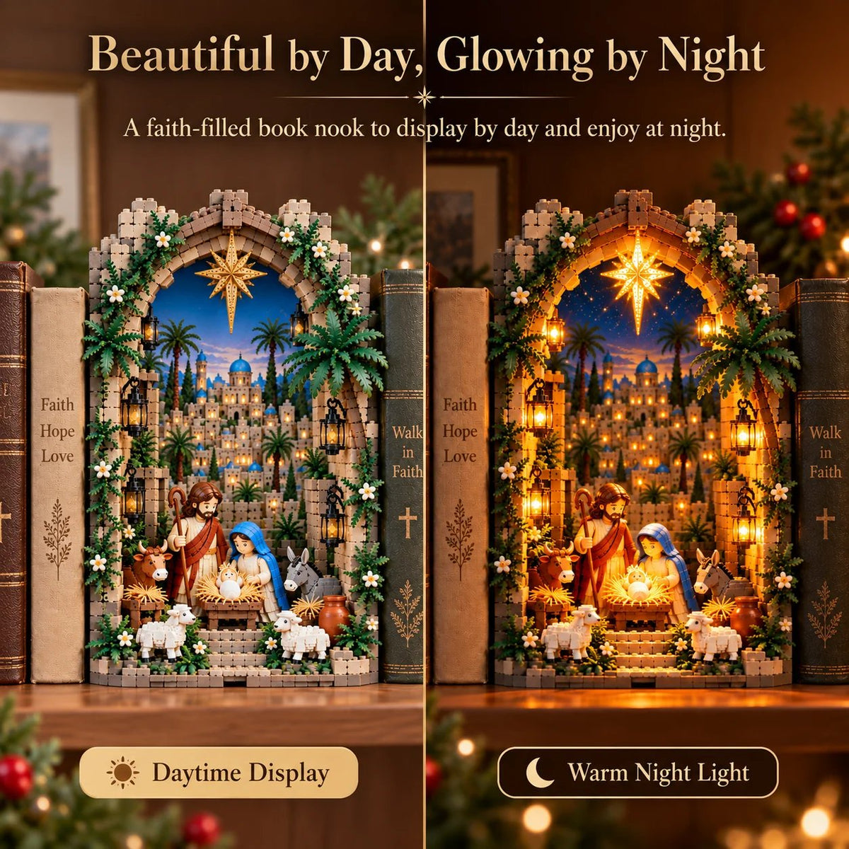 🔥50% Off – ✨ Illuminated 'Book Nook' with the Bethlehem Nativity Scene – Christmas Kit as a Testament of Faith