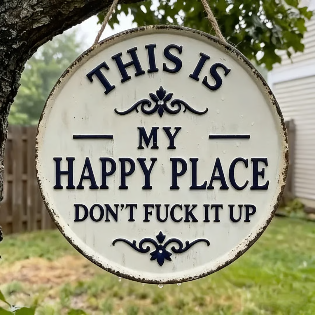 🌞Vintage Round Metal Sign – “Welcome to My Happy Place” Garden Wall Decor