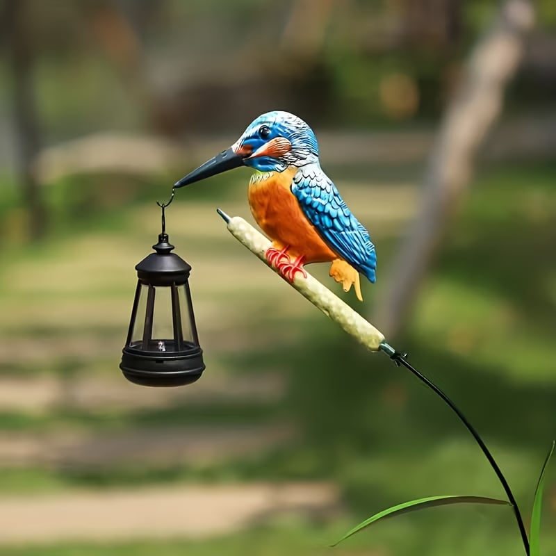 Solar Kingfisher Swaying Reed Garden Stake Light with Hanging Lantern