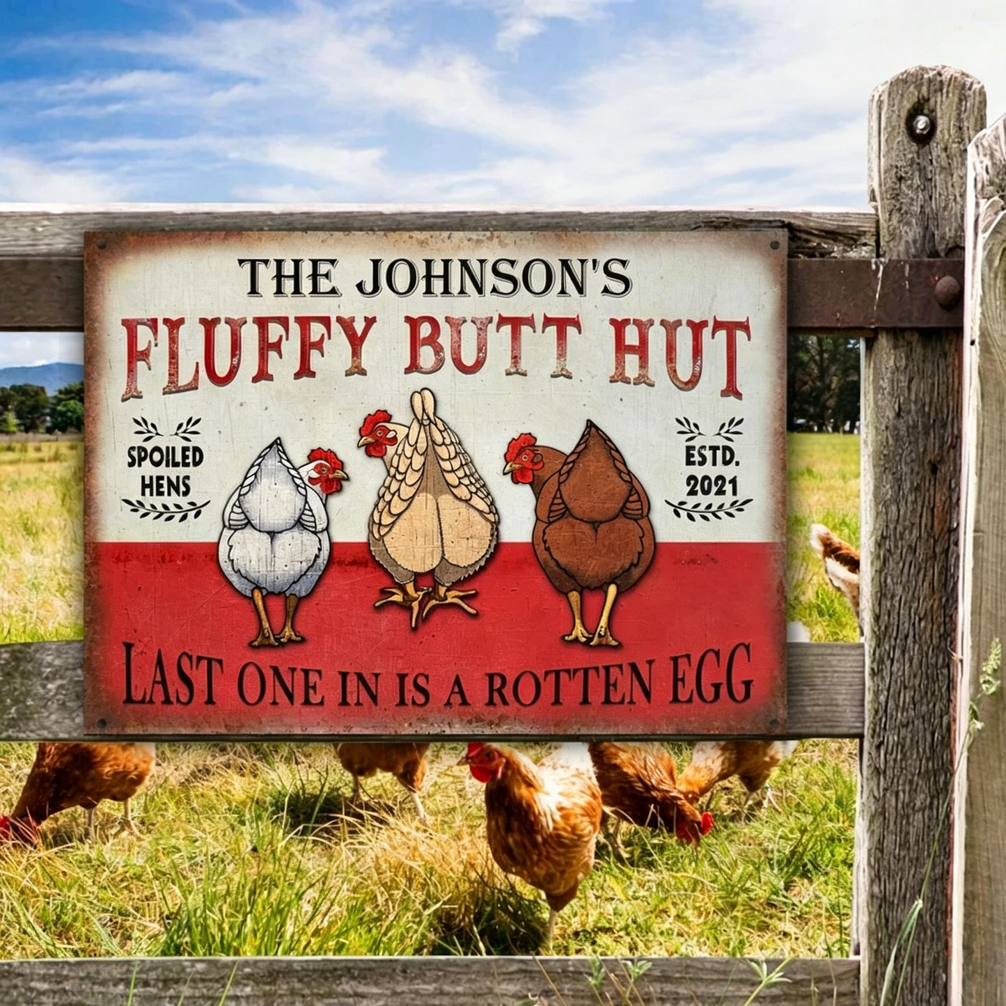 Metal Chicken Coop Sign-Fluffy Butt Hut
