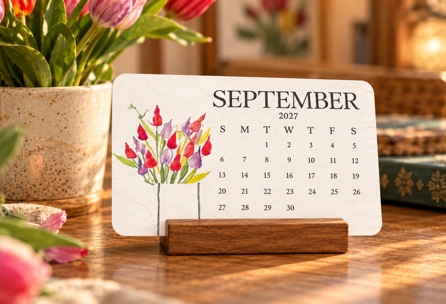 2027 plantable calendar displayed in wooden stand