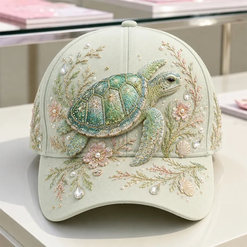 🌊 Ocean Sea Creature Pattern Cap | Pearl & Crystal Accent Adjustable Hat for Beach, Travel & Everyday Wear