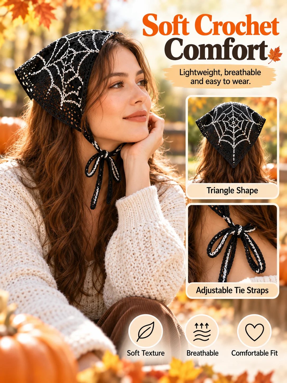 🎃 Halloween Style Deal – Boho Ghost Print Head Scarf 👻 Cute Seasonal Hair Accessory for Festive Looks 🦇