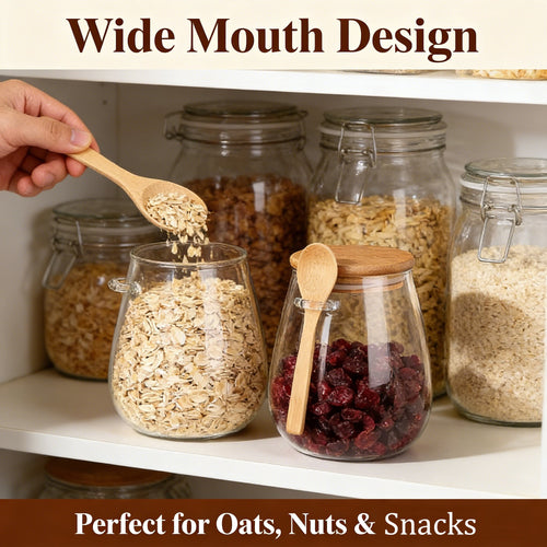Sealed Glass Storage Jar with Bamboo Lid, Leak-Proof, Wide Mouth Design, Spoon Included 🍶🌿