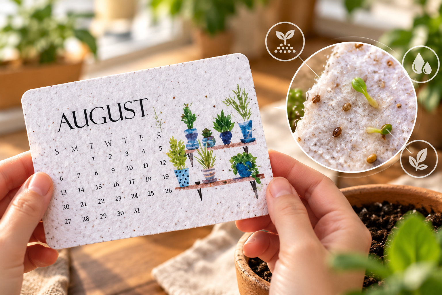 Plantable seed calendar paper showing embedded seeds and sprouts