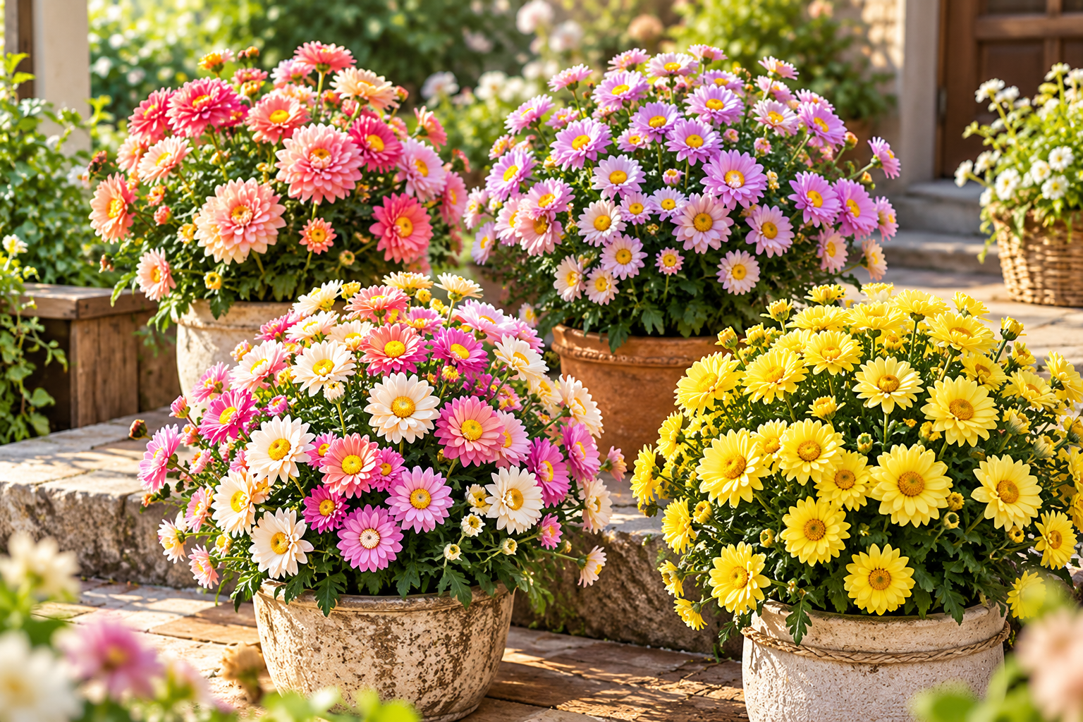 Colorful flowers growing in pots
