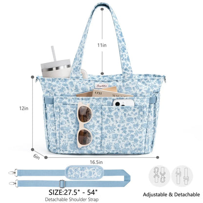 🎒Corduroy Tote Bag for Women, 15.6 inch Laptop Work Bags with Large Cup Holder