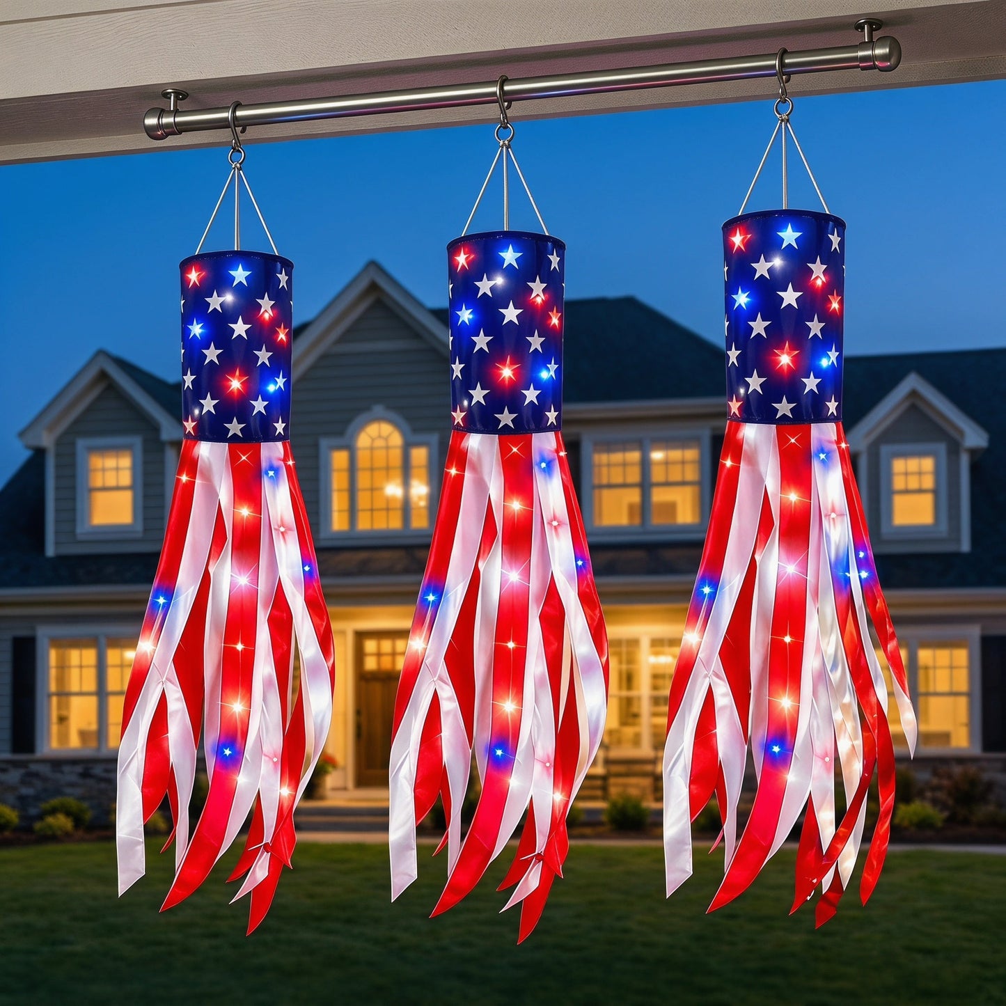 🔥(3 Packs!!!)50 Inch Large American Flag Windsocks with Red White Blue Lights