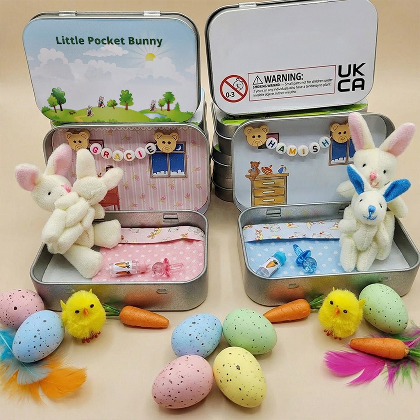 Bunny Easter Plush mummy and baby bunnies in Pocket Tin: role play sibling Gift, Easter gift