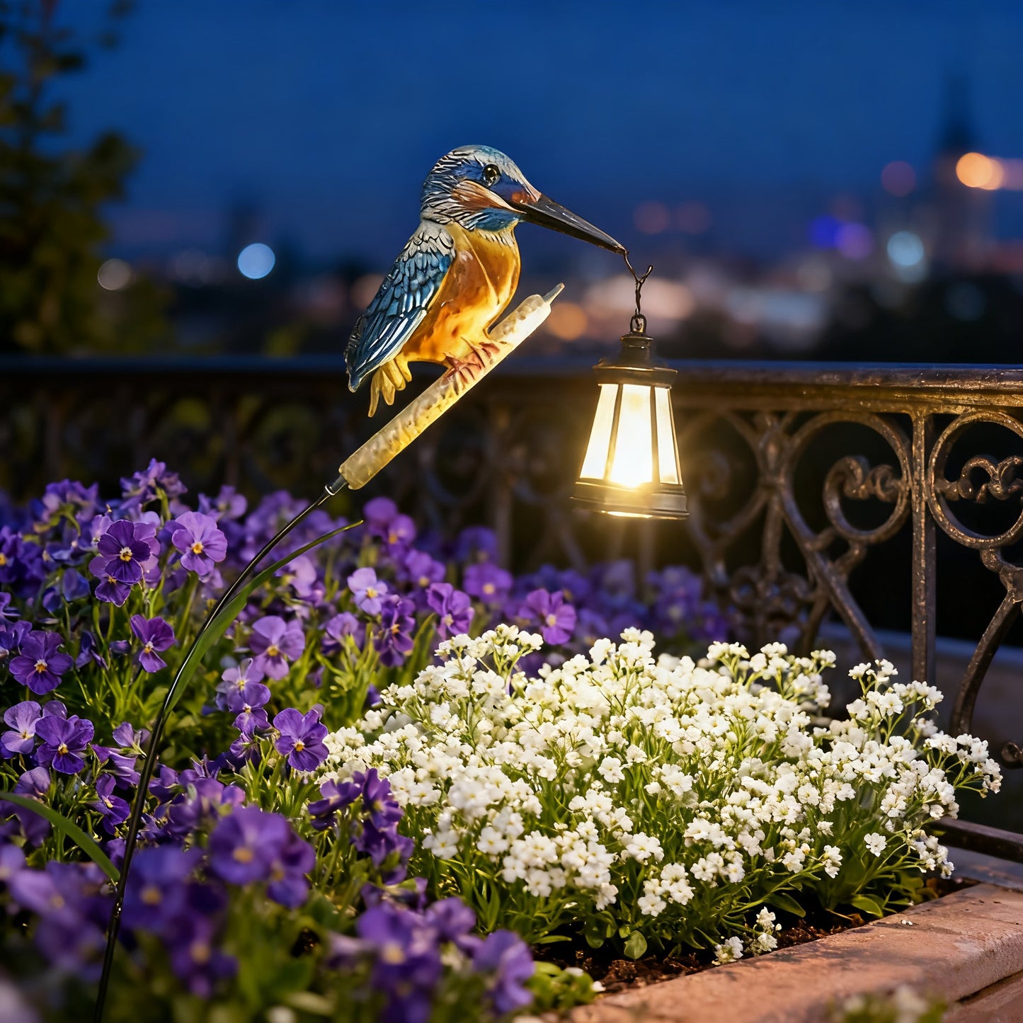 Solar Kingfisher Swaying Reed Garden Stake Light with Hanging Lantern