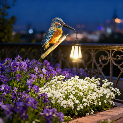 Solar Kingfisher Swaying Reed Garden Stake Light with Hanging Lantern