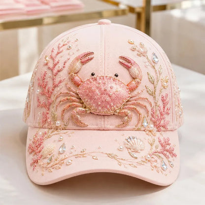 🌊 Ocean Sea Creature Pattern Cap | Pearl & Crystal Accent Adjustable Hat for Beach, Travel & Everyday Wear