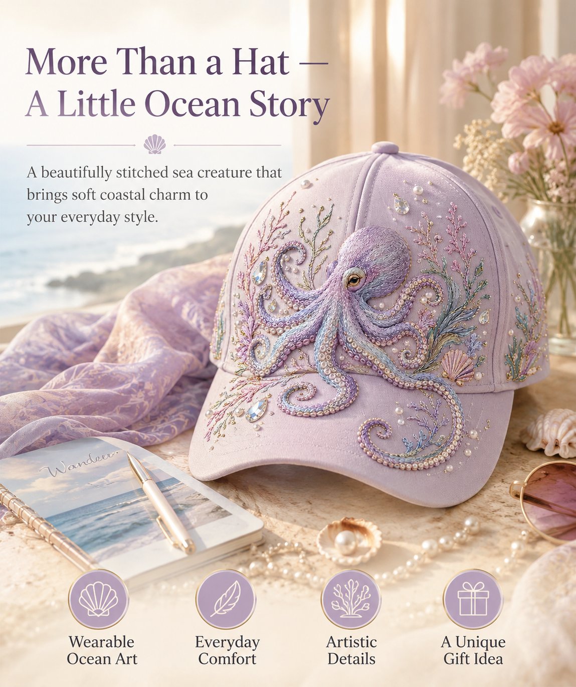 🌊 Ocean Sea Creature Pattern Cap | Pearl & Crystal Accent Adjustable Hat for Beach, Travel & Everyday Wear