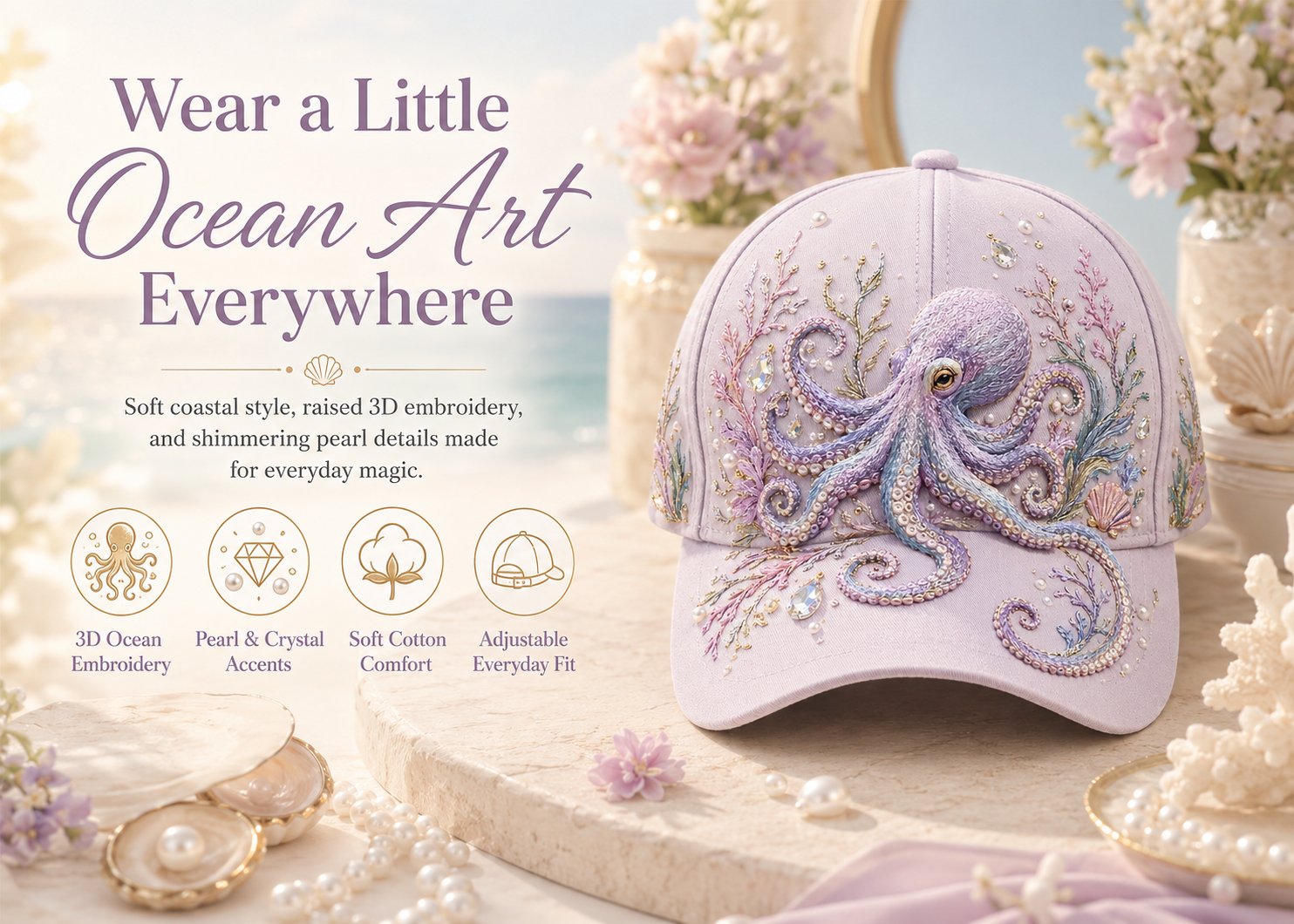 🌊 Ocean Sea Creature Pattern Cap | Pearl & Crystal Accent Adjustable Hat for Beach, Travel & Everyday Wear