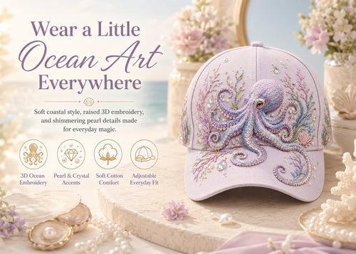 🌊 Ocean Sea Creature Pattern Cap | Pearl & Crystal Accent Adjustable Hat for Beach, Travel & Everyday Wear