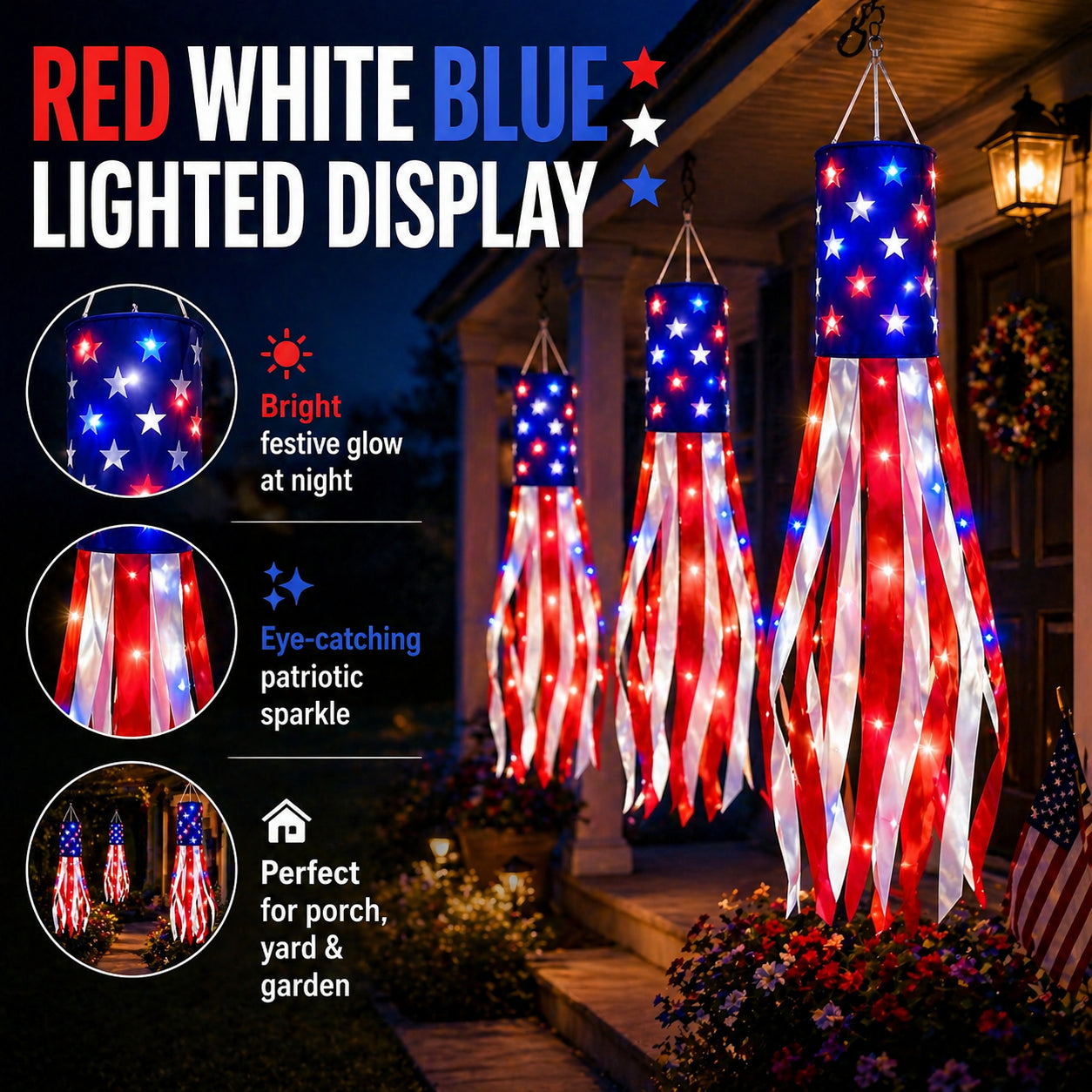 🔥(3 Packs!!!)50 Inch Large American Flag Windsocks with Red White Blue Lights