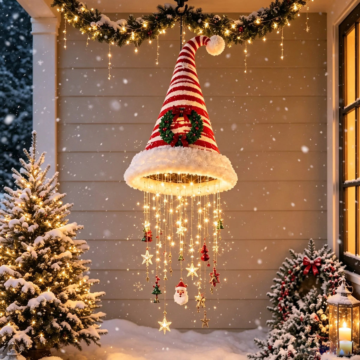 🎅✨Light‑Up Santa Hat Hanging Chandelier, Plush Christmas Pendant Light with Hanging Ornaments, Indoor & Covered Porch Holiday Decoration