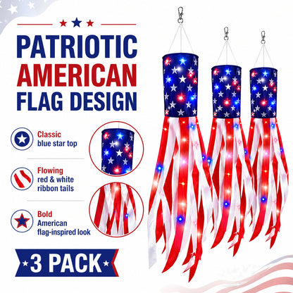🔥(3 Packs!!!)50 Inch Large American Flag Windsocks with Red White Blue Lights