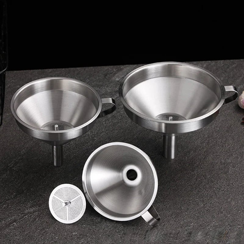 🔥Hot Sale 304 Stainless Steel Funnel with Filter Mesh – Kitchen Food Grade Metal Funnel for Oil, Alcohol, Jam & Spice Filling 🥄