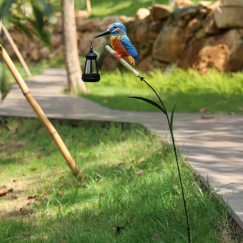 Solar Kingfisher Swaying Reed Garden Stake Light with Hanging Lantern