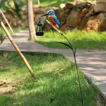 Solar Kingfisher Swaying Reed Garden Stake Light with Hanging Lantern