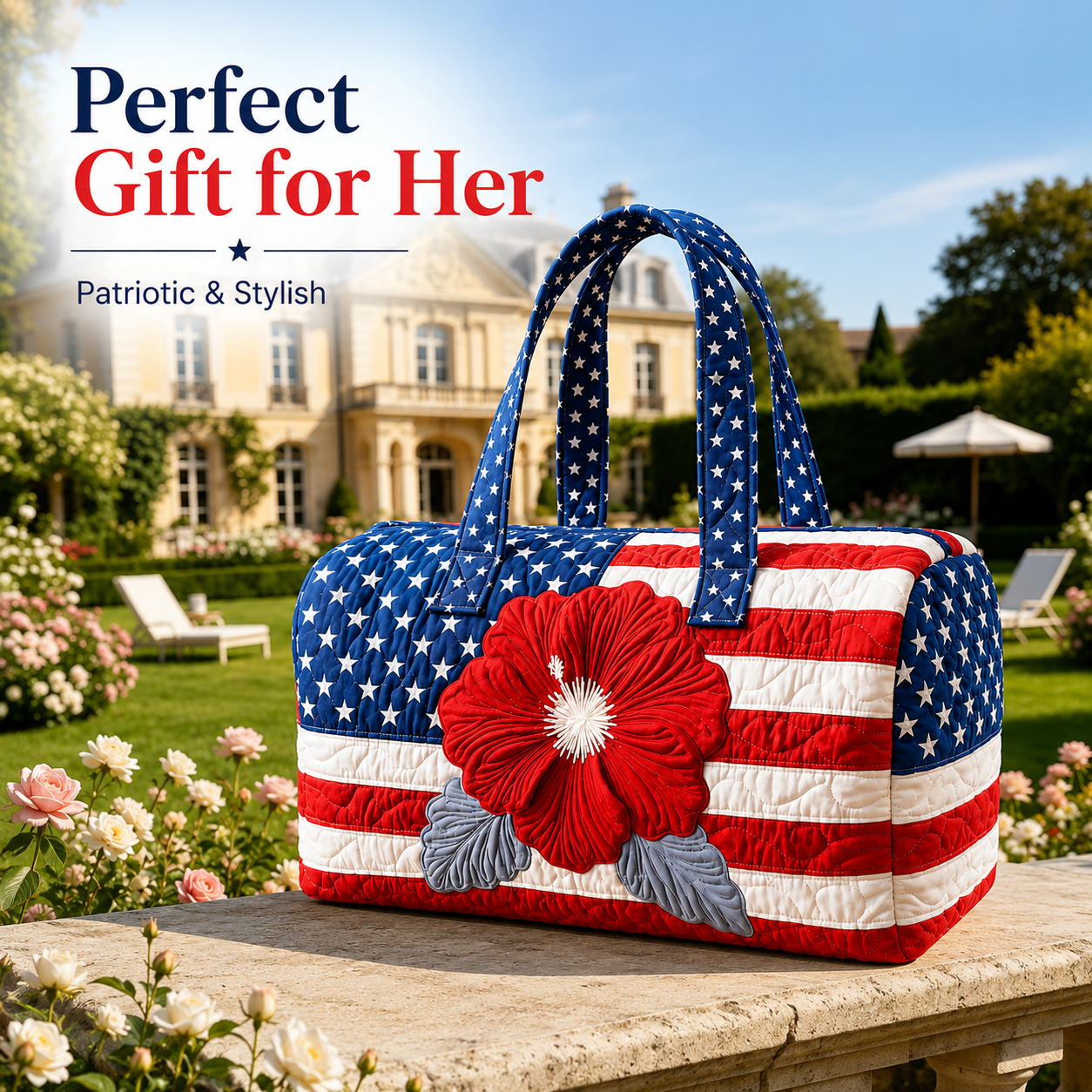 🔥 🇺🇸🧵 Handcrafted Patriotic Quilted Tote Bag – 3D Floral American Flag Travel Duffel