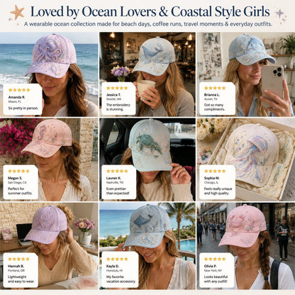 🌊 Ocean Sea Creature Pattern Cap | Pearl & Crystal Accent Adjustable Hat for Beach, Travel & Everyday Wear