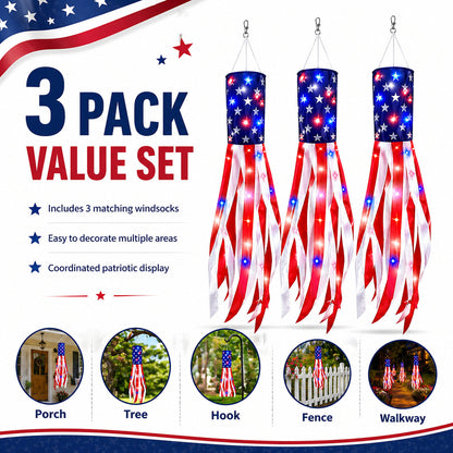🔥(3 Packs!!!)50 Inch Large American Flag Windsocks with Red White Blue Lights