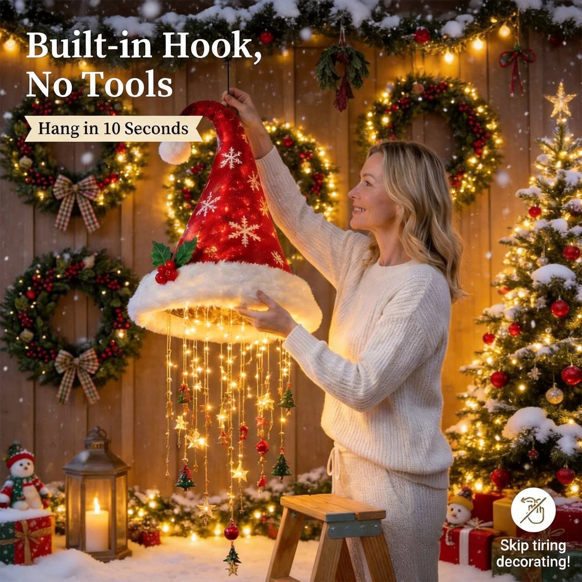 🎅✨Light‑Up Santa Hat Hanging Chandelier, Plush Christmas Pendant Light with Hanging Ornaments, Indoor & Covered Porch Holiday Decoration