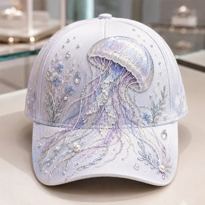 🌊 Ocean Sea Creature Pattern Cap | Pearl & Crystal Accent Adjustable Hat for Beach, Travel & Everyday Wear