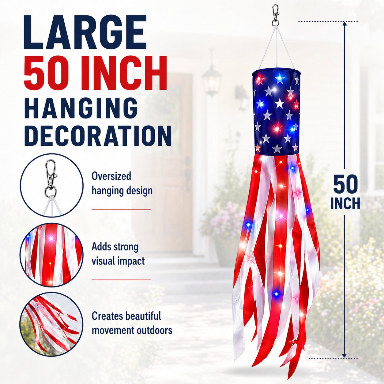 🔥(3 Packs!!!)50 Inch Large American Flag Windsocks with Red White Blue Lights