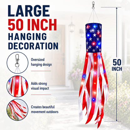 🔥(3 Packs!!!)50 Inch Large American Flag Windsocks with Red White Blue Lights
