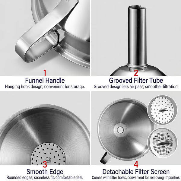 🔥Hot Sale 304 Stainless Steel Funnel with Filter Mesh – Kitchen Food Grade Metal Funnel for Oil, Alcohol, Jam & Spice Filling 🥄
