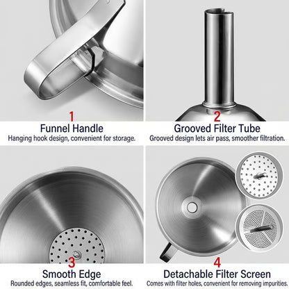 🔥Hot Sale 304 Stainless Steel Funnel with Filter Mesh – Kitchen Food Grade Metal Funnel for Oil, Alcohol, Jam & Spice Filling 🥄
