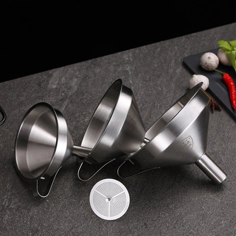 🔥Hot Sale 304 Stainless Steel Funnel with Filter Mesh – Kitchen Food Grade Metal Funnel for Oil, Alcohol, Jam & Spice Filling 🥄