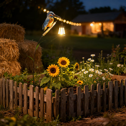 Solar Kingfisher Swaying Reed Garden Stake Light with Hanging Lantern