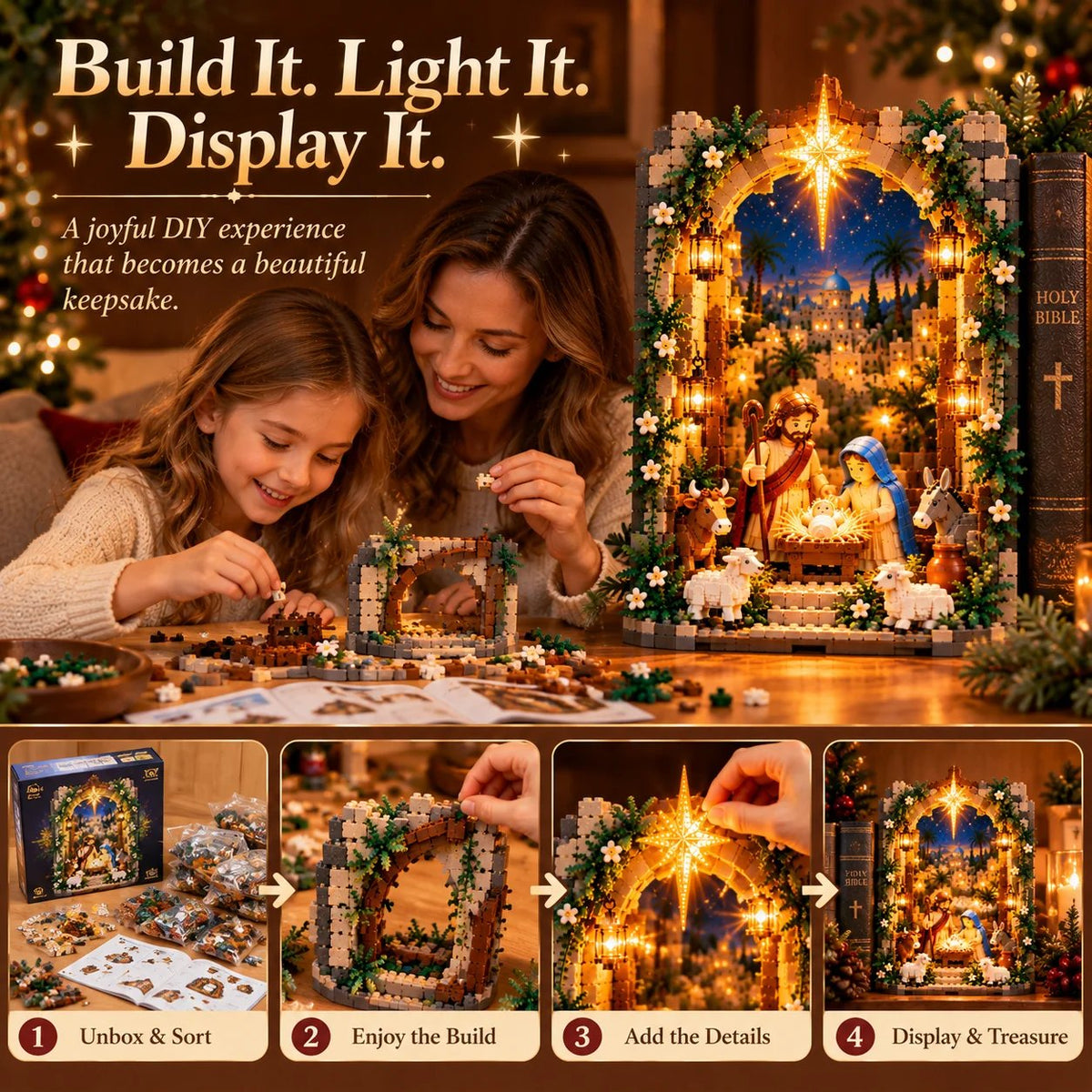 🔥50% Off – ✨ Illuminated 'Book Nook' with the Bethlehem Nativity Scene – Christmas Kit as a Testament of Faith