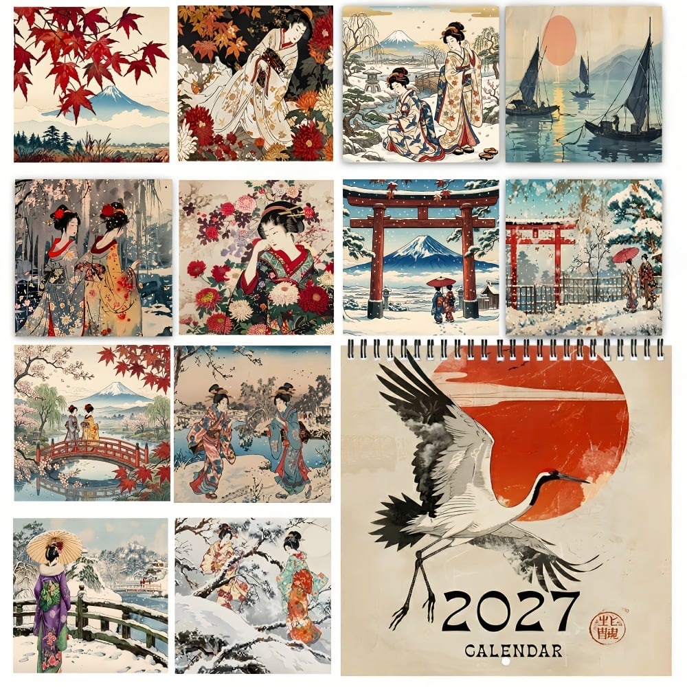 🎎 2027 Japanese Style Wall Calendar, Spiral Monthly Planner Decor