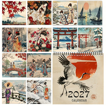 🎎 2027 Japanese Style Wall Calendar, Spiral Monthly Planner Decor